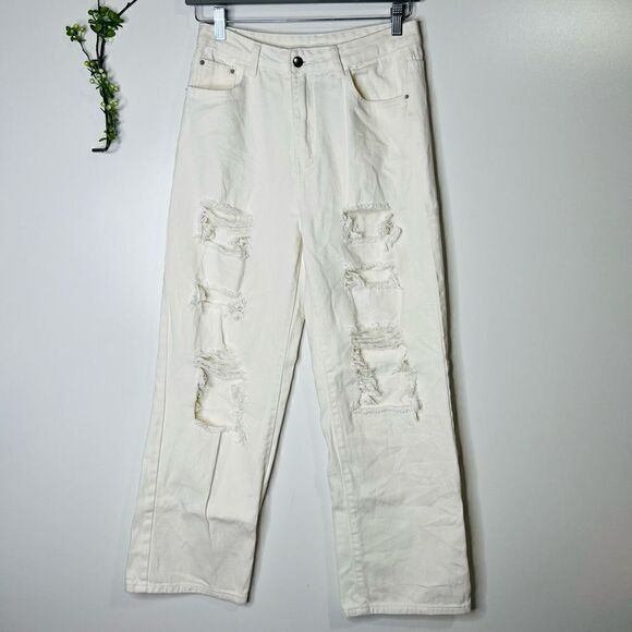 Shein White Wide Leg Jeans Y2K Loose Baggy Distressed Holes - Picture 1 of 12